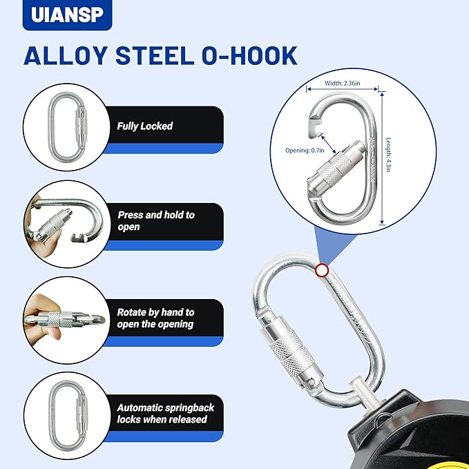 11FT Self Retracting Lifeline Fall Protection Retractable Safety Lanyard Rectracting Lifeline Personal Fall Arrest Protection ANSI Self Retractable Gear for Roofing Construction(Big Hook)