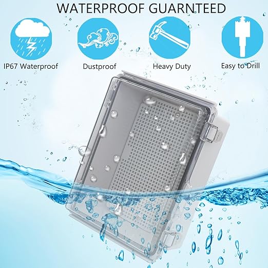Waterproof Junction Box, ABS Plastic Electrical Box with Stainless Steel Latch, Hinged Cover Electric Project Enclosure Box with Mounting Plate, Wall Brackets & Cable Gland 5.9"x5.9"x3.5"