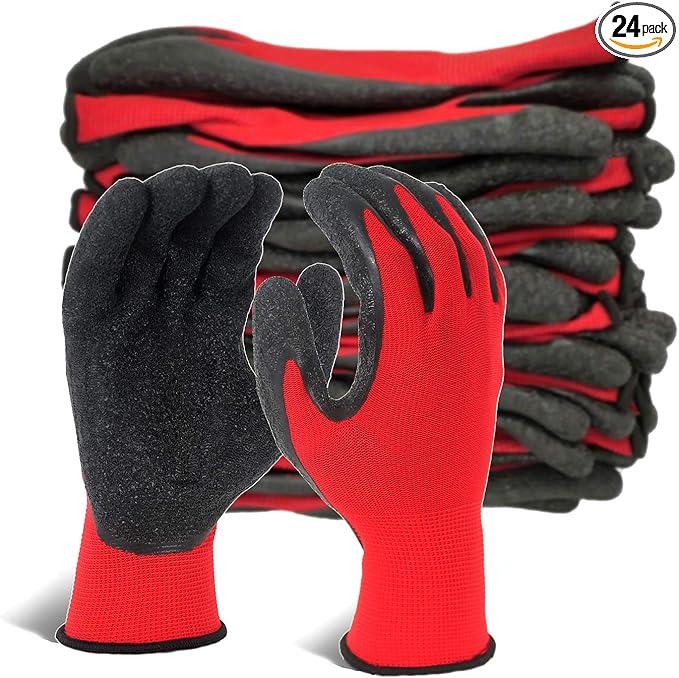 Evridwear Crinkle Latex Rubber Hand Coated Safety Work Gloves for Men Women General Multi Use Construction Warehouse Gardening Assembly Landscaping,Red XX-Large 12 Pairs Pack