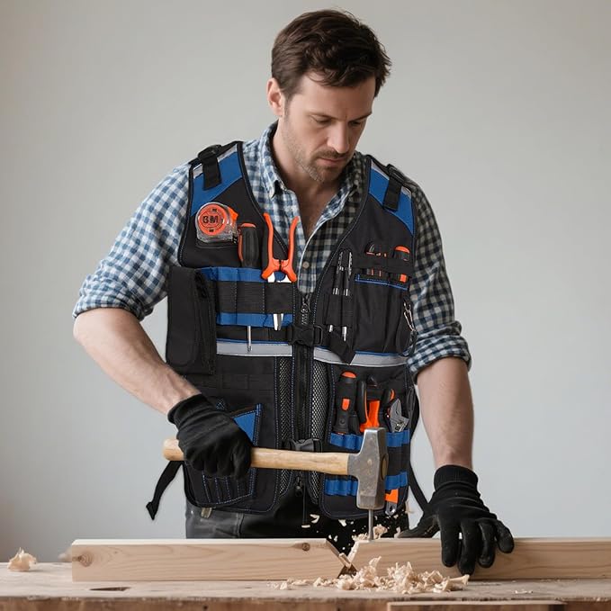 Electrician Tool Vest for Men, Reflective Safety Work Vest with Adjustable Thick Straps, Removable Phone Holder for Electrical, Carpenters, Construction, 22 Pockets.Blue