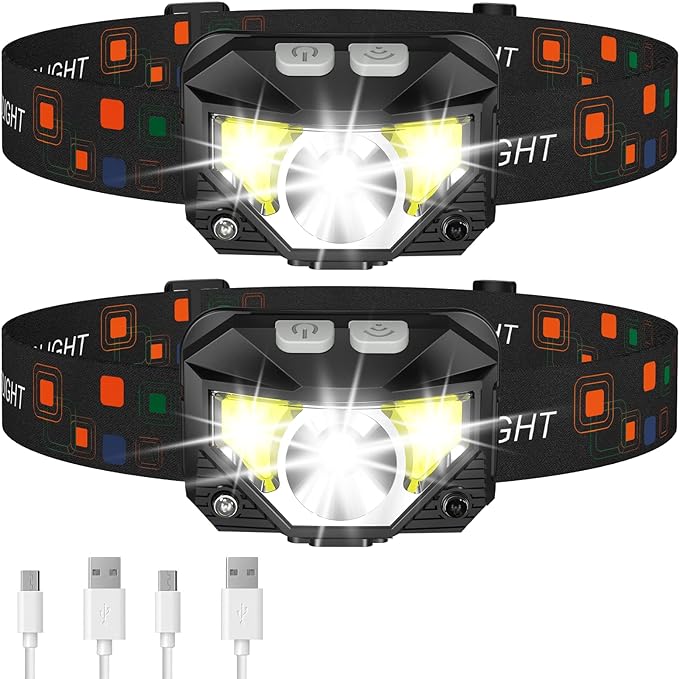 LHKNL Headlamp Flashlight, Lumen Ultra-Light Bright LED Rechargeable Headlight with White Red Light, 2-Pack Waterproof Motion Sensor Head Lamp,8 Modes for Outdoor Camping Running Hiking Fishing