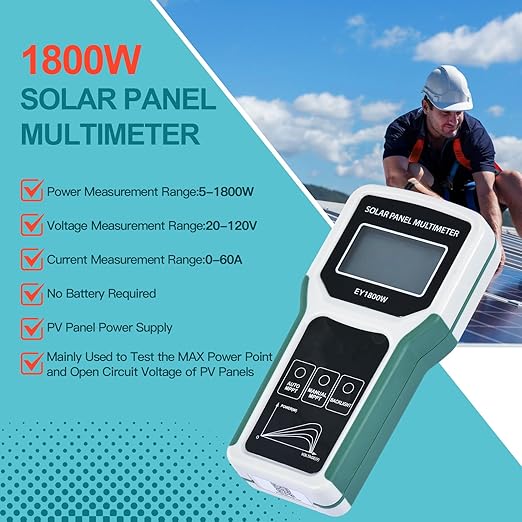 1800W Solar Panel Multimeter Tester, MPPT Photovoltaic Power Meter with LCD Backlight, Auto/Manual Detection, Measures Open Circuit Voltage, Max Power Point Pmax, Vmp, Imp
