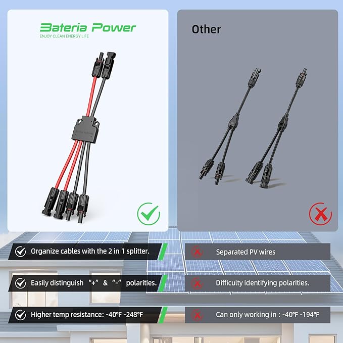 Bateria Power Solar Connectors for 2 Solar Panels, IP68 Waterproof Solar Panel Connectors Splitter, 4 to 2 Y Branch Parallel Adapter for Solar Cable Extension, 2PCS