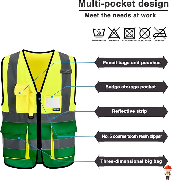 A-SAFETY High Visibility Safety Reflective Vest with Pockets and Zipper,Hi Viz Work Vest for Men Women (Yellow&Green Small)