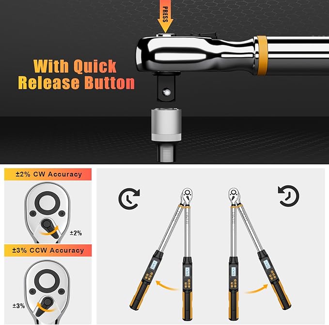 1/2 Inch Drive Digital Torque Wrench with Angle, 17.4-147.5Ft-lb/10-200Nm, Electronic Torque Wrench, ±2% Accuracy with with Preset Value, Data Storage, Buzzer and LED Flash Notification for Car