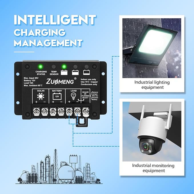 10A PWM Solar Charge Controller for 12V Lead-Acid Battery to Extend Battery Life, with Explosion-Proof Metal Housing, IP68, 4-Stage Charging, LVD, Temp Compensation, for Harsh Industrial Use