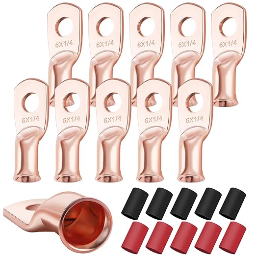 XHF 10PCS 6 AWG-1/4 Heavy Duty Battery Lugs with 3:1 Heat Shrink Tubing, Ring Terminals Battery Cable Ends Copper Eyelets Electrical Battery Connectors
