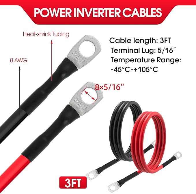 8 AWG Battery Cable 8 Gauge Power Inverter Cables with 5/16 Inch Lugs Both Ends for Solar Boat Marine RV Car 2 Pack (3FT)