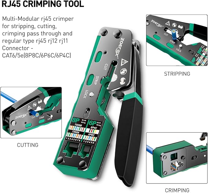Ethernet crimping tool kit RJ45 crimp tool, Cat5 Cat6 Pass Through Crimping Tool for Network Cable Tester, Multiply Stripper, 50PCS Cat 6 Pass Through Connectors and Strain Relief Boots