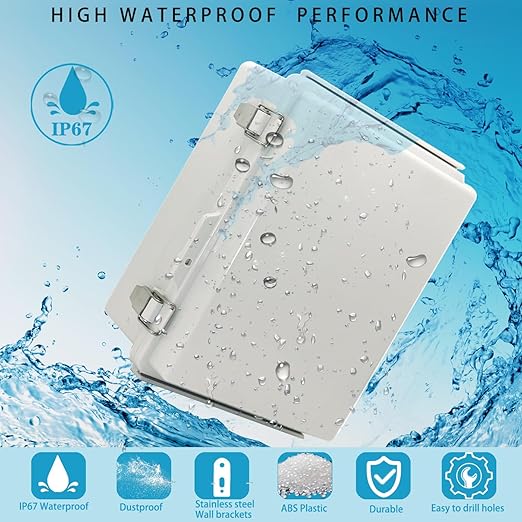 Waterproof Electrical Box with Mounting Plate, IP67 Junction Box Stainless Steel Latch Hinged Grey Cover Project Enclosure with Wall Bracket and 2 Glands 8.3" x 6.3" x 3.9"