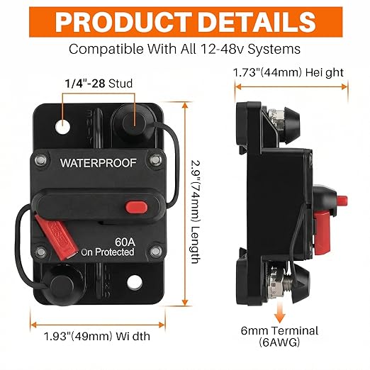 60Amp Circuit Breaker for Boat Trolling Motor Marine, 12V-48V DC Breaker with Manual Reset Waterproof Inline Fuse for ATV/RV/Trailer/Automotive/Car/Solar System/Electronic Battery Disconnect