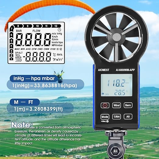 AIOMEST Anemometer Bluetooth, Handheld Wind Speed Gauge Meter w/Atmospheric Pressure, Temp, RH, Dew Point Temp, Wind Chill Measurement for Climbing Drone HVAC, AI-6000WM-APP