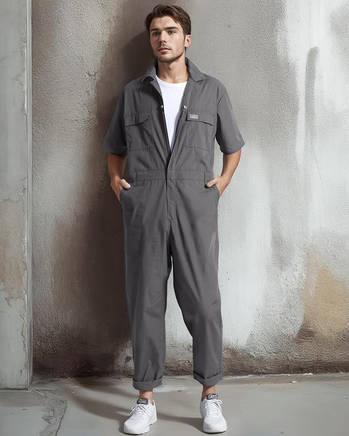 HISEA Coveralls for Men Short Sleeve, Mens Lightweight Mechanic Work Jumpsuit with Pockets, Stain & Wrinkle Resistant