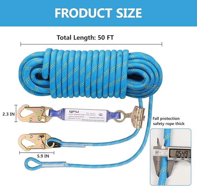 Heavy Duty Fall Protection Rope for roof & tree climbing. Includes safety harness, alloy steel clips, shock-absorbing lanyard
