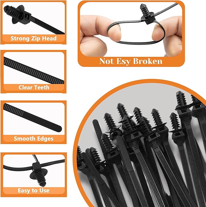 100PCS 8.3" Fir Tree Push Mount Zip Ties Heavy Duty Nylon Cable Ties, Cable Management Indoor Oudoor UV Resistant Self Locking for Automotive Wiring, Cars, Boats, Engine Bay Wire (BLACK, 8.3IN)