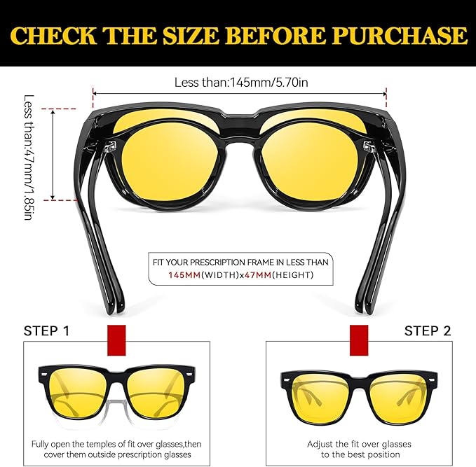 TJUTR Fit-Over Night Vision Driving Glasses for Men Women, Anti-Glare Polarized UV400 Yellow Lenses for Nighttime Safety