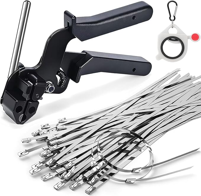 Metal Zip Ties with Stainless Steel Cable Tie Gun, Special Tool For Fastening and Cutting Steel Zip Ties, 100pcs 11.8in Uv Resistant chain link fence Parts For Fence Exhaust Pipe Outdoor