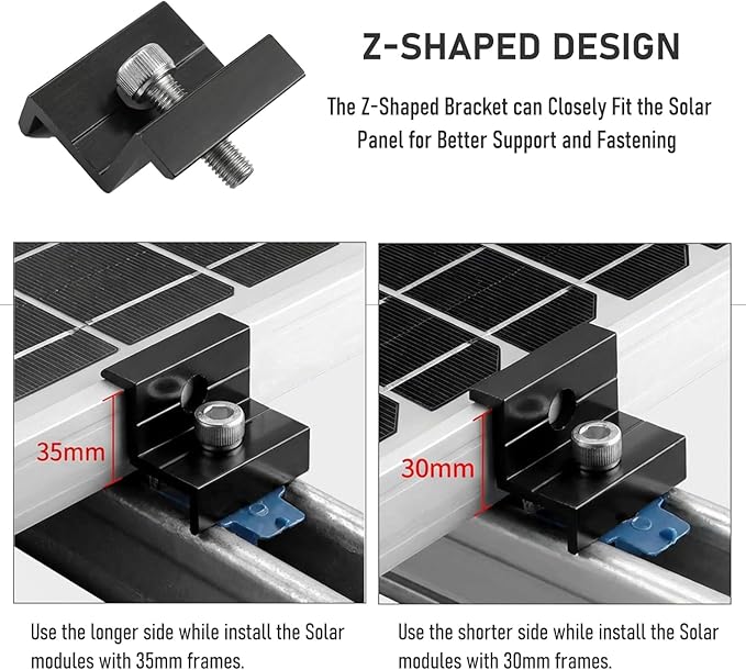 12-Pack Black Aluminum 30mm/35mm Solar Panel End Clamps for Standard Unistrut, Mounting Brackets with Hardware, for Metal, Tin, Flat & Sheet Roof Solar Installation