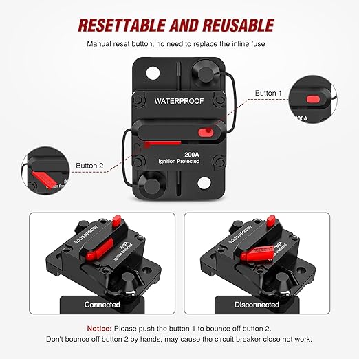 Nilight 200A Circuit Breaker Resettable 12-48V DC Manual Reset w/Copper Wire Lugs Surface Mount Overload Protection for Car Audio Sound Amplifier System RV Marine Boat Truck