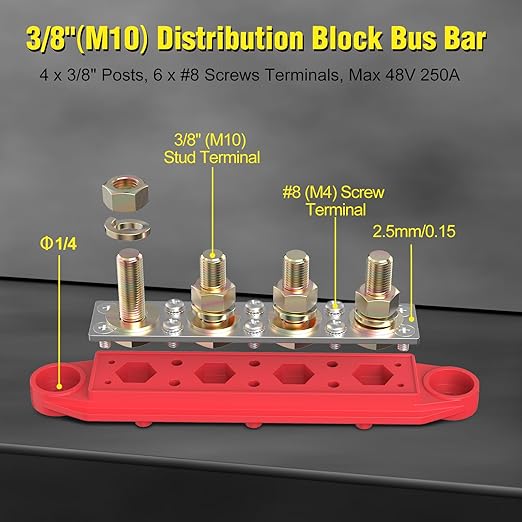 MOFEEZ Power Distribution Block Bus Bar, 4 x 3/8" Posts, 6 x #8 Screws Terminals, Max 48V 250A (Pair, Red & Black)