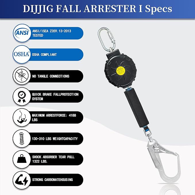 6FT Fall Protection Retractable Lanyard, Self Retracting Lifeline Construction Lanyard Fall Arrest Safety Roofing Heavy Duty Leading Positioning (Large Hook)
