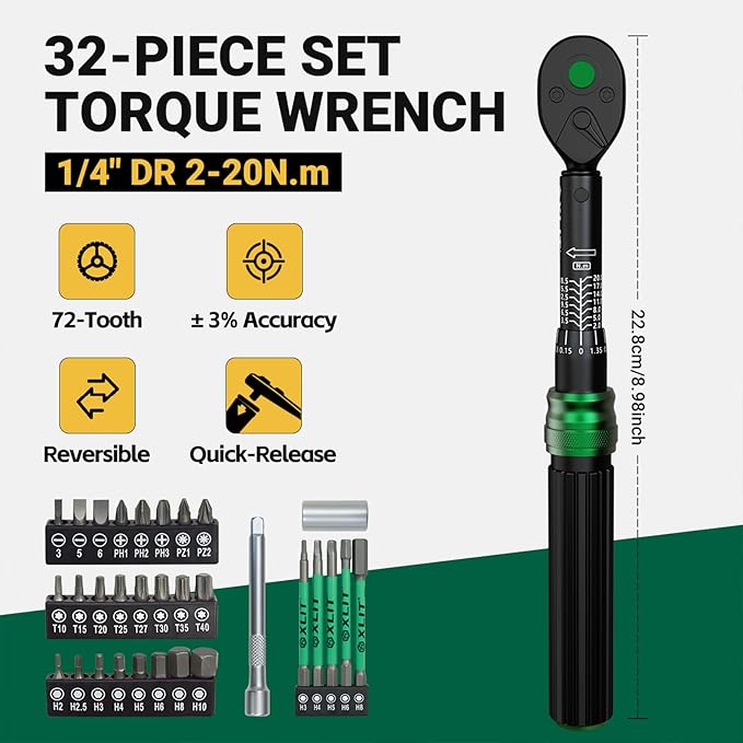 1/4" Click Torque Wrench Set, 32-Piece Portable Bicycle Maintenance Tool Kit, 2-20 Nm ±3% Precision, S2 Torx & Hex Bits, Torque Wrench for Road/Mountain Bike (MTB) & Cycling Repair