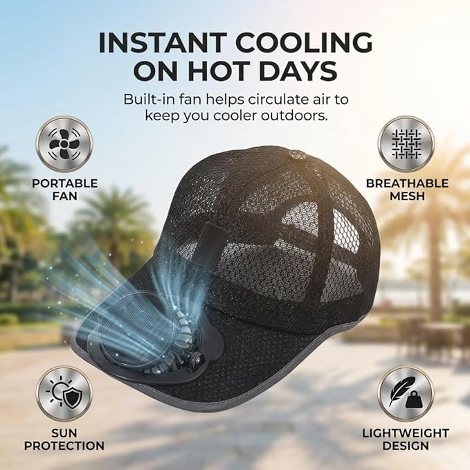 Solar Rechargeable Peak Cap USB Breathable Sport Fan Hat with Cooling Fan, Outdoor Running Hiking Fishing