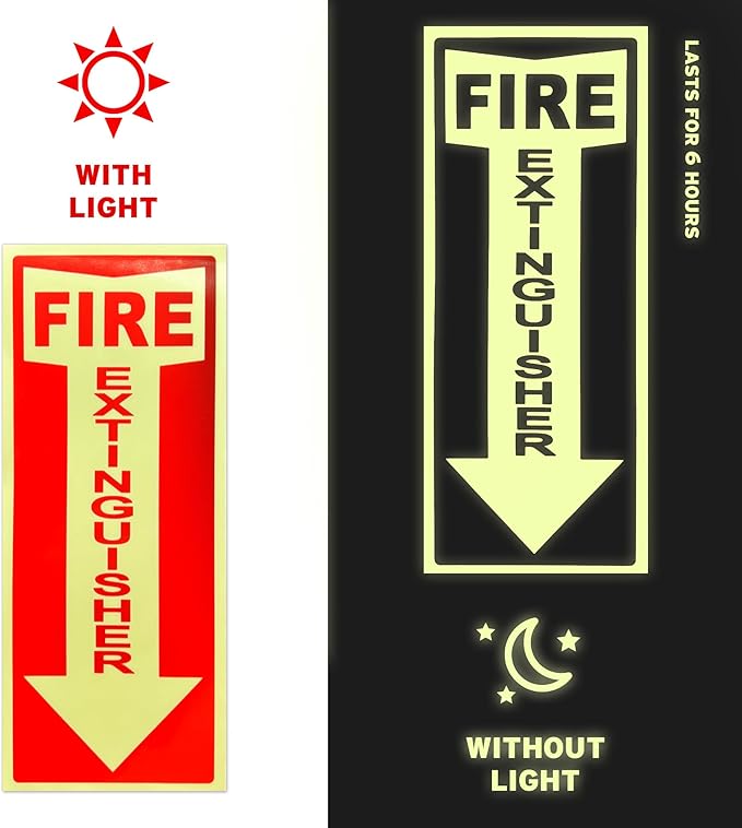 Glow in the Dark Fire Extinguisher Signs Stickers - 3 Pack 4 x 10.5 Inch – Photoluminescent, Protected with UV and Fade-Resistant Lamination, for Business, Schools, Hospitals - Made in USA