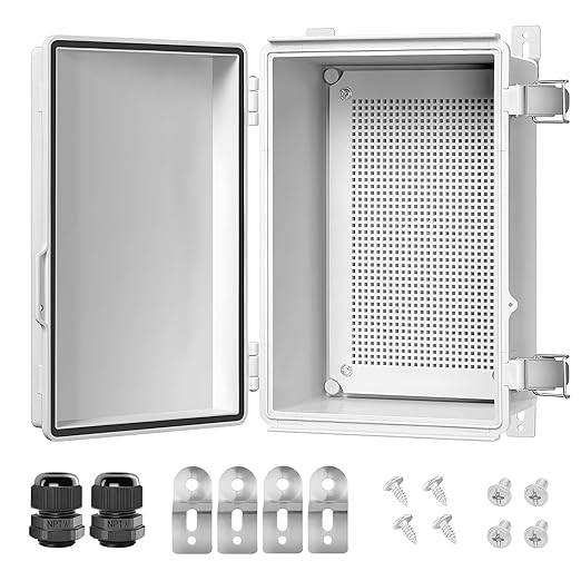 LeMotech Electrical Box, IP67 Waterproof Hinged Cover Stainless Steel Latch Junction Box, ABS Plastic Electrical Enclosure with Mounting Plate,Wall Brackets, Cable Glands,11.4"x7.5"x5.5",Grey