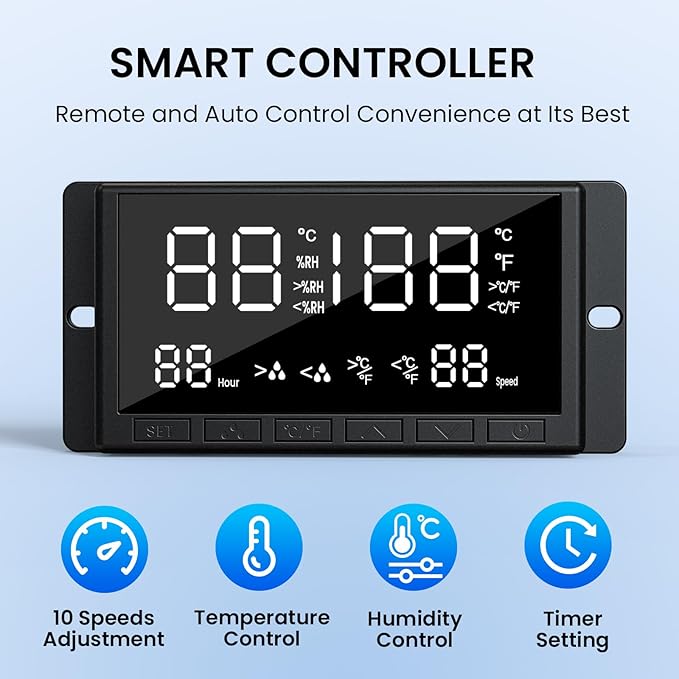 12" Wall Mounted Shutter Exhaust Fan, Attic Fan with Thermostat Humidity Controller, 10-Speed Adjustable, 940 CFM, Automatic Shutter, Vent Fan for Greenhouses, Garages, Shop, Chicken Coops