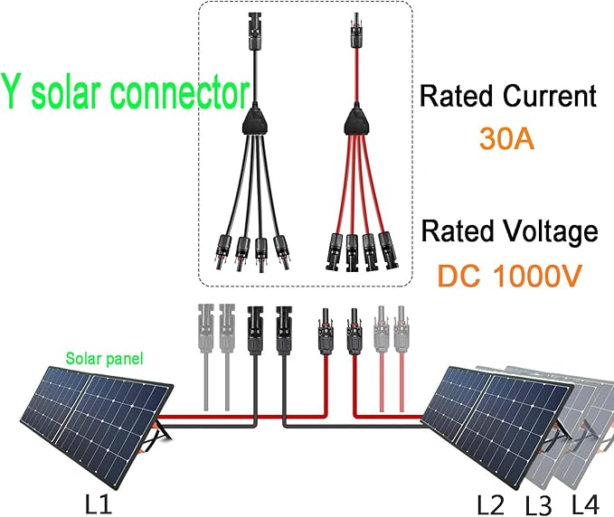 Y Solar Connector 1 to 6 Solar Y Branch Parallel Cable,Solar 1-6 Male Female Connector Adapter,10AWG 45A,Waterproof IP68 30CM Cable,for Solar Panels,Solar Cells,1 Pair.(Y 1-6)