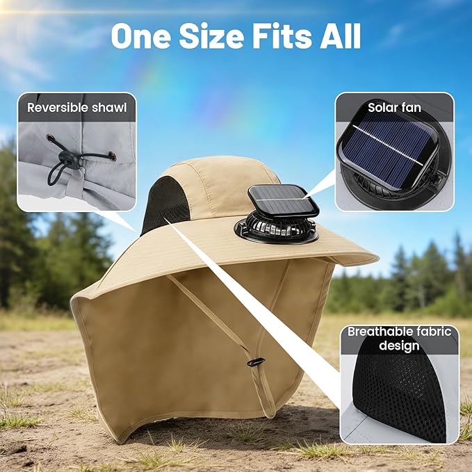 Solar Fan Hat Wide Brim Hat with Fan Sunscreene Neck Flap 3-Speed Outdoor Sun Hat for Fishing,Hiking,USB Solar Charging