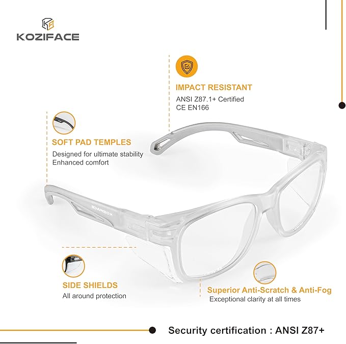 KOZIFACE E52 Anti-Fog Safety Glasses, ANSI Z87.1 Eye Protection with Side Shields, Clear Lens, Lightweight for Work, Lab DIY