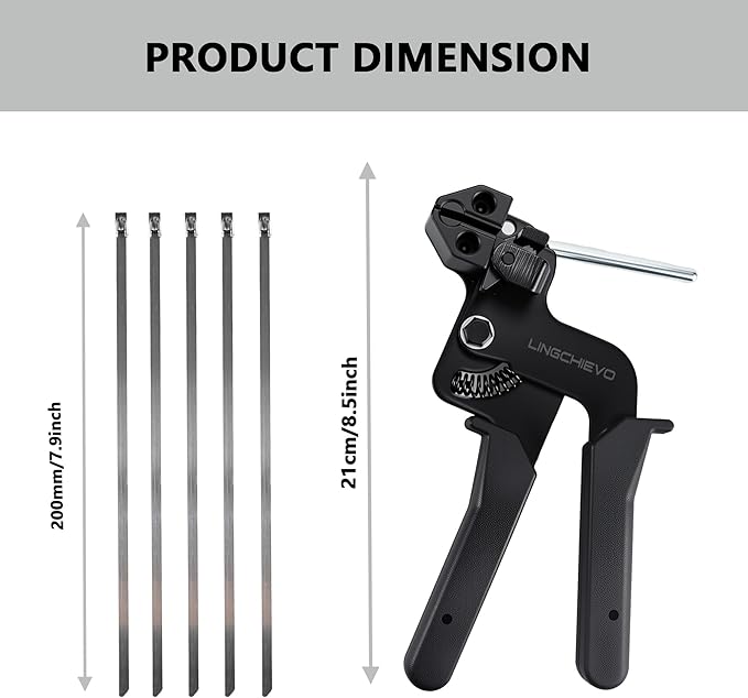 Metal Zip Tie Gun with 100 PCS 7.87in(200mm) Stainless Steel Zip Ties,Heavy Duty Zip Tie Tool for Fastening and Cutting Cable Ties,Chain Link Fence Parts for Fence Exhaust Pipe Outdoor
