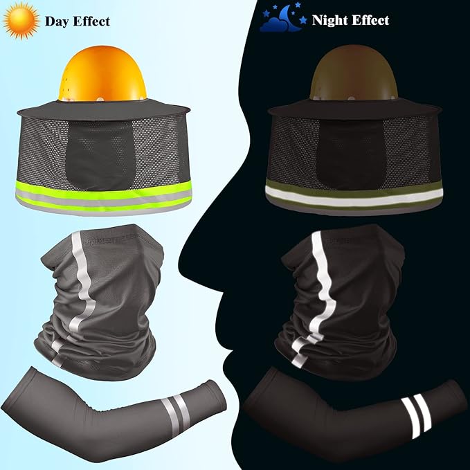 SATINIOR 3 Pcs Sun Hard Hat Neck Protection High Visibility Full Brim Mesh Sun Protection Bandana Headband Arm Sleeves with Reflective Strap for Construction Helmet Hard Hat(Dark Gray)