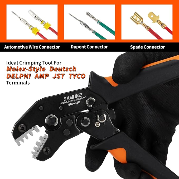 Sanuke Wire Crimping Tool, Ratcheting Wire Crimper for Open Barrel Terminal Connectors, Electrical Crimping Tool for DuPont AMP Deutsch DELPHI JST TYCO Connectors, 24-14 AWG