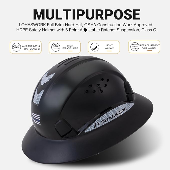 Full Brim Hard Hat Construction OSHA Approved Vented Hard Hat Cascos De Construccion Adjustable Cool Vent Work Safety Helmet for Men and Women