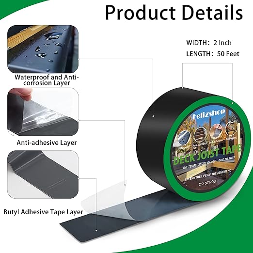 Butyl Joist Deck Tape, 2" X 50' Deck Joist Tape Waterproof Flashing Tape, Weather Resistance Self-Adhesive Joist Tape Decking for Deck Joist Beams Protection(12 Rolls)
