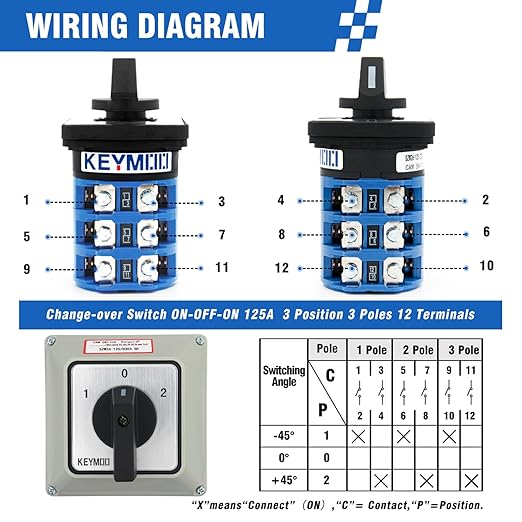 125A Rotary Changeover Switch with Master Switch Exterior Box, 2-Way 3NO 3NC 660V 3 Position 3 Phase 12 Terminals, Universal Selector Switch Enclosure Box IP65 125/D303.3D