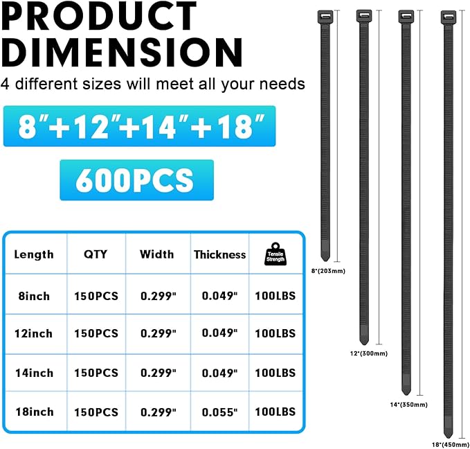 Zip Ties Assorted Sizes, RAZCC 600 Pack (8+12+14+18Inch) Black Cable Ties, Self-Locking Plastic Wire Ties with 100lb Tensile Strength, Black Nylon Zip Ties for Indoor and Outdoor