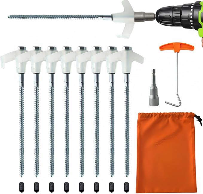 8-Pack Heavy Duty Screw-in Tent Stakes with Drill Adapter – 8 Inch Ground Anchors for Camping, Canopy, Gazebo, Awnings & Outdoor Accessories