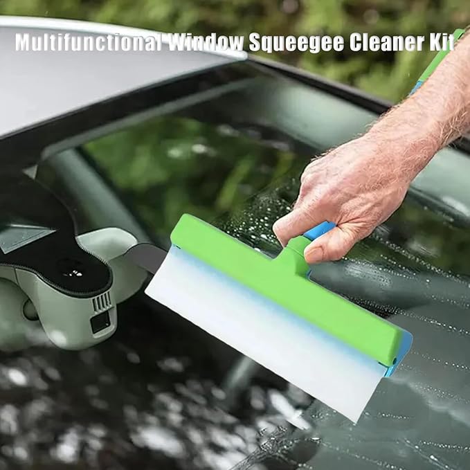 Recyclable Silicone Window Squeegee Kit, Window Cleaning Kit, Glass Cleaning Tools with Silicone Squeegee & Microfiber Scrubber for Shower Glass Mirror Door Car (Blue)