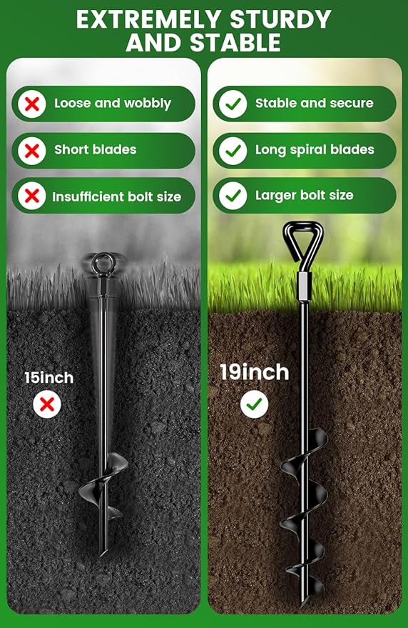 19-Inch Ground Anchors Heavy Duty, Trampoline Stakes Anchors Screw-in for High Wind, Earth Anchor with Strong Straps for Swing Sets, Trampolines, Mobile Home, Sheds, Carports(4x19in)
