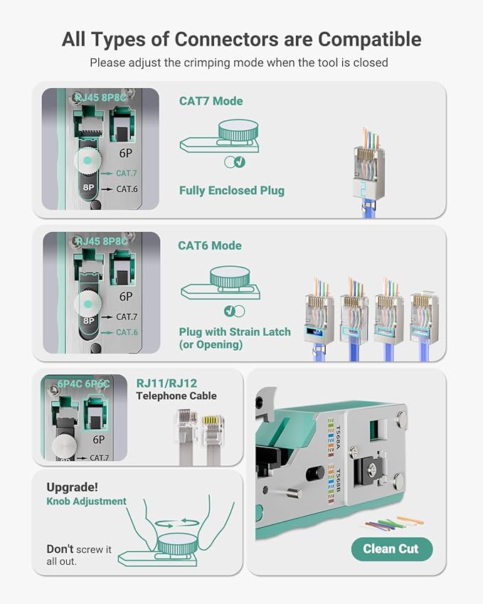 VCELINK RJ45 Crimp Tool Kit for CAT7/6A/6/5E/5, Upgraded Network Tool Set with an Ethernet Crimper, 50 RJ45 Connectors & Boots, Cable Tester, Wire Stripper and Cutter in a Cloth Bag (Kit-Green)