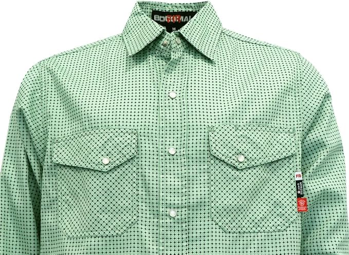 BOCOMAL FR Shirts for Men Printed Plaid Flame Resistant Clothing 6.5oz Cotton Button Up Welding Shirts NFPA2112 CAT2