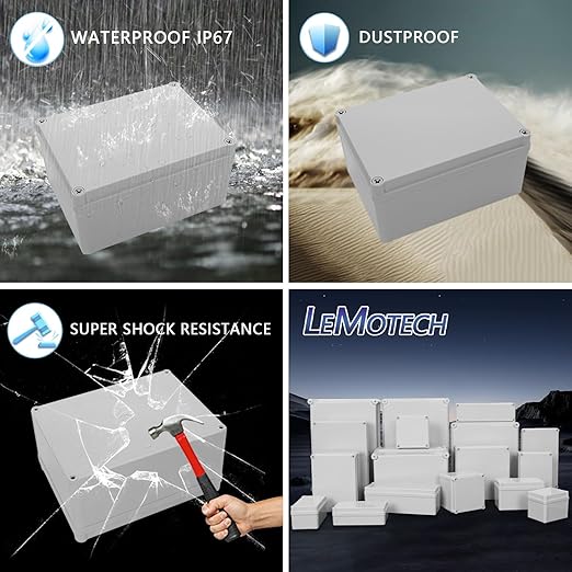 LeMotech IP67 Waterproof Junction Box ABS Plastic Project Box Dustproof Electrical Box Outdoor Enclosure for Electronics DIY Case Gray 7.9X 5.9X 3.9 inch (200x 150x 100 mm)