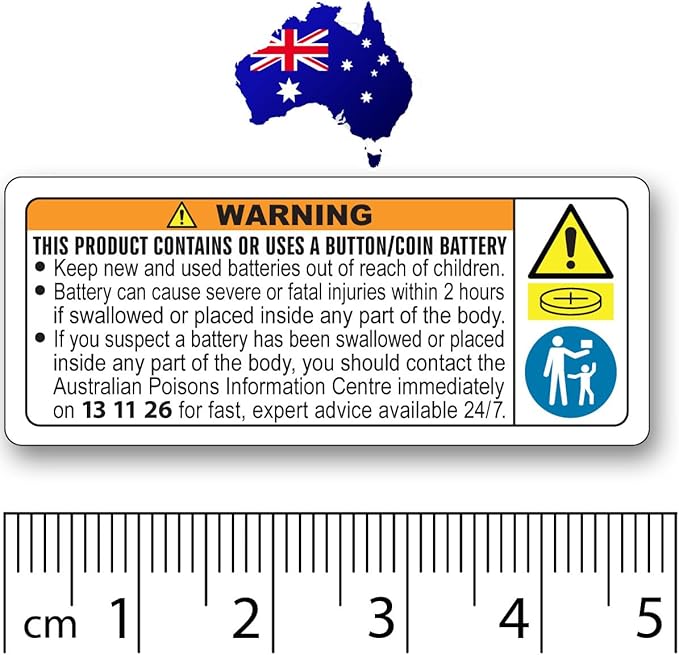 Australia ISO Compliant 1 Roll of 1,000 Button Cell or Coin Battery Warning Stickers Small 48 mm x 20 mm Ingestion Hazard Child Safety Labels for Consumer Goods Packaging Legible Text Oil/Water-Proof