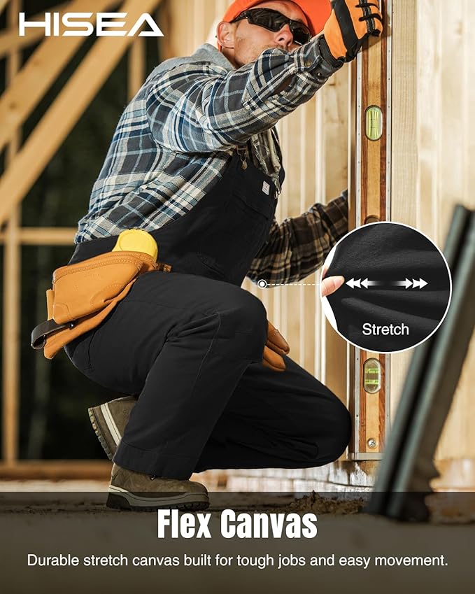 HISEA Flex Canvas Overalls for Men, Bib Work Double Knee Stretch Overall, Relaxed Fit Lightweight Workwear with Pockets