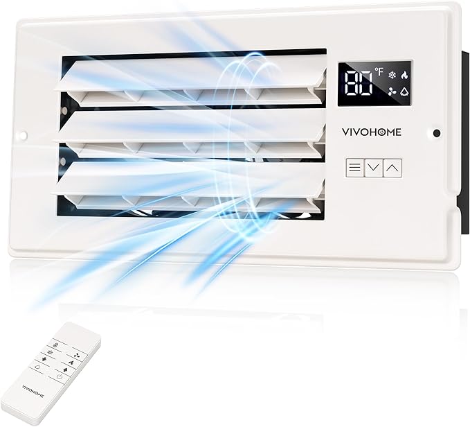 VIVOHOME 4'' x 10'' Opening Register Booster Fan with Adjustable Wind Direction Louver, Smart Intelligent Thermostat & 10-Speed Remote Control - 11.4" x 5.5" Vent Cover for Room, Floor, Wall - White