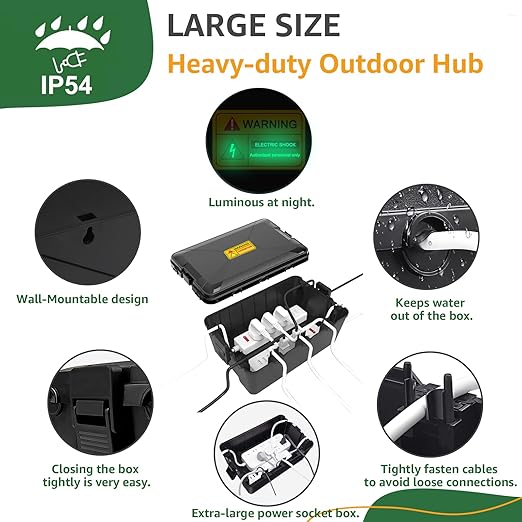 NineLeaf Large Outdoor Electrical Box (12.5 x 8.5 x 5 inch), IP54 Waterproof Extension Cord Cover,Weatherproof Connection Box for Power Strip, Plug, Socket, Timer, Holiday Light Decoration, Black